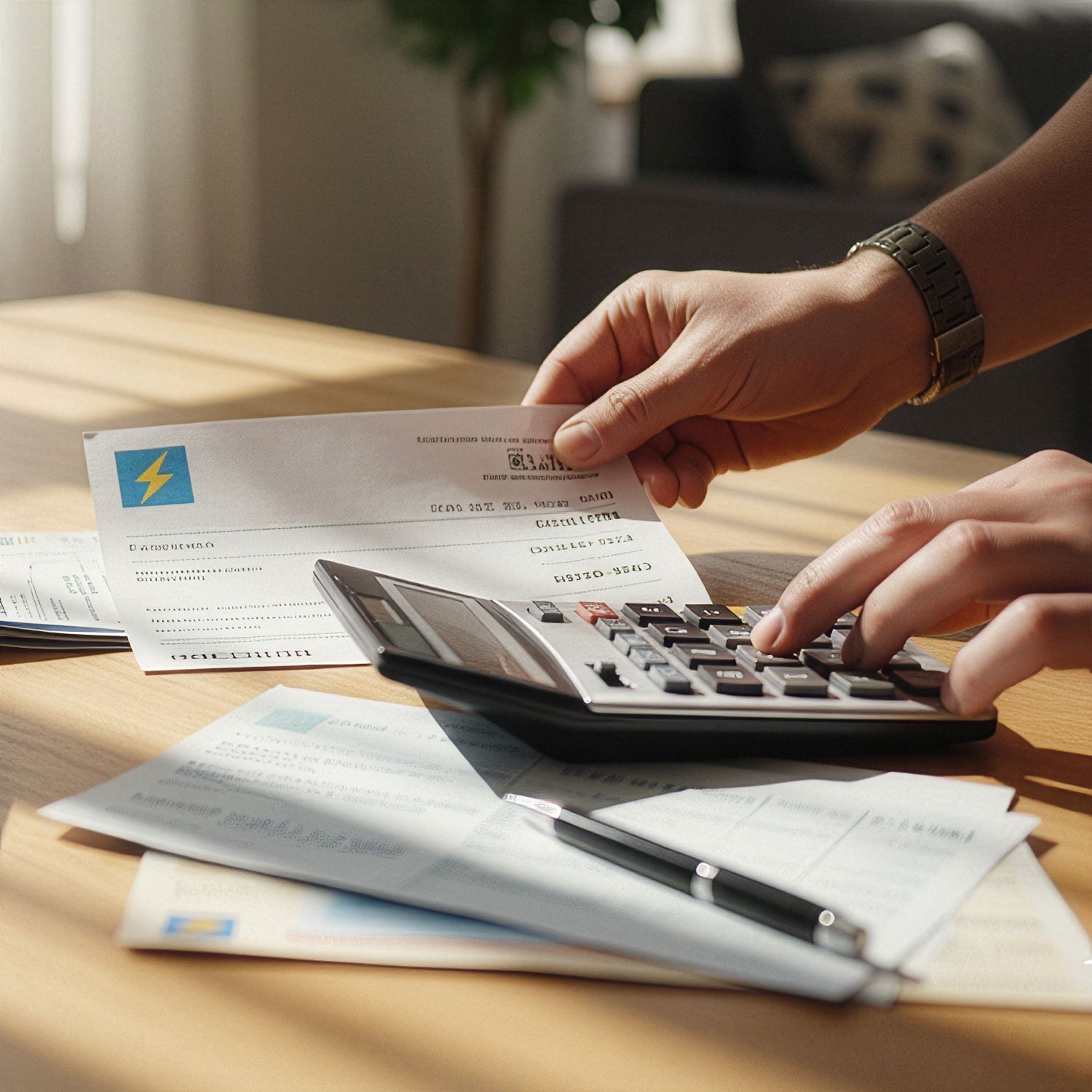 manos cogiendo facturas y calculadora